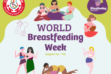 World Breastfeeding Week. August 1st-7th. Cartoon images of women breastfeeding.