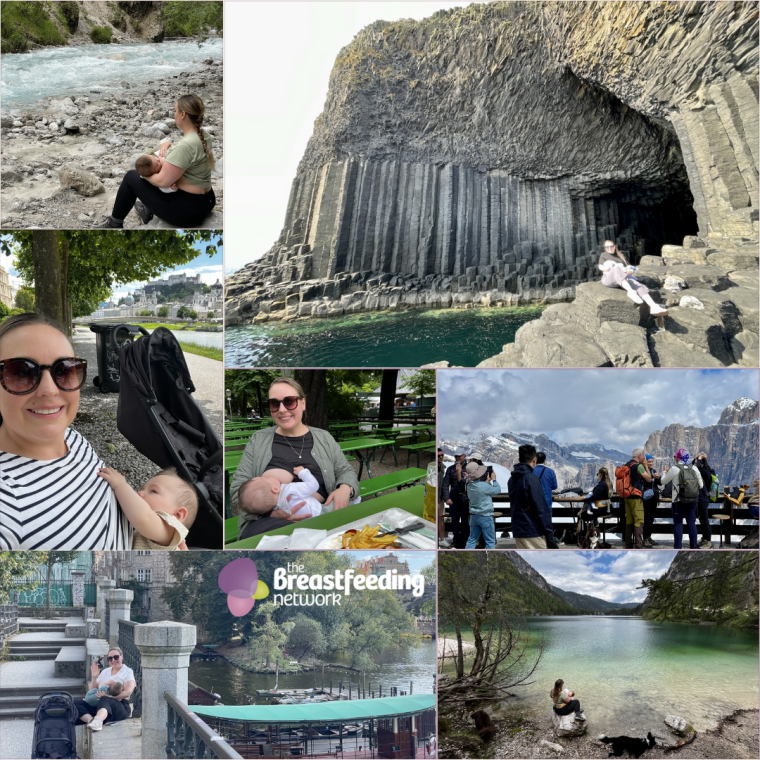 Images of a mum breastfeeding her baby in lots of places while travelling - English Garden in Munich
Mountain in the Dolomites
Fingal’s Cave - the Isle of Staffa
Salzburg, Austria
Lago Di Braies, Italy
On a hike in Germany
Charles Bridge in Prague